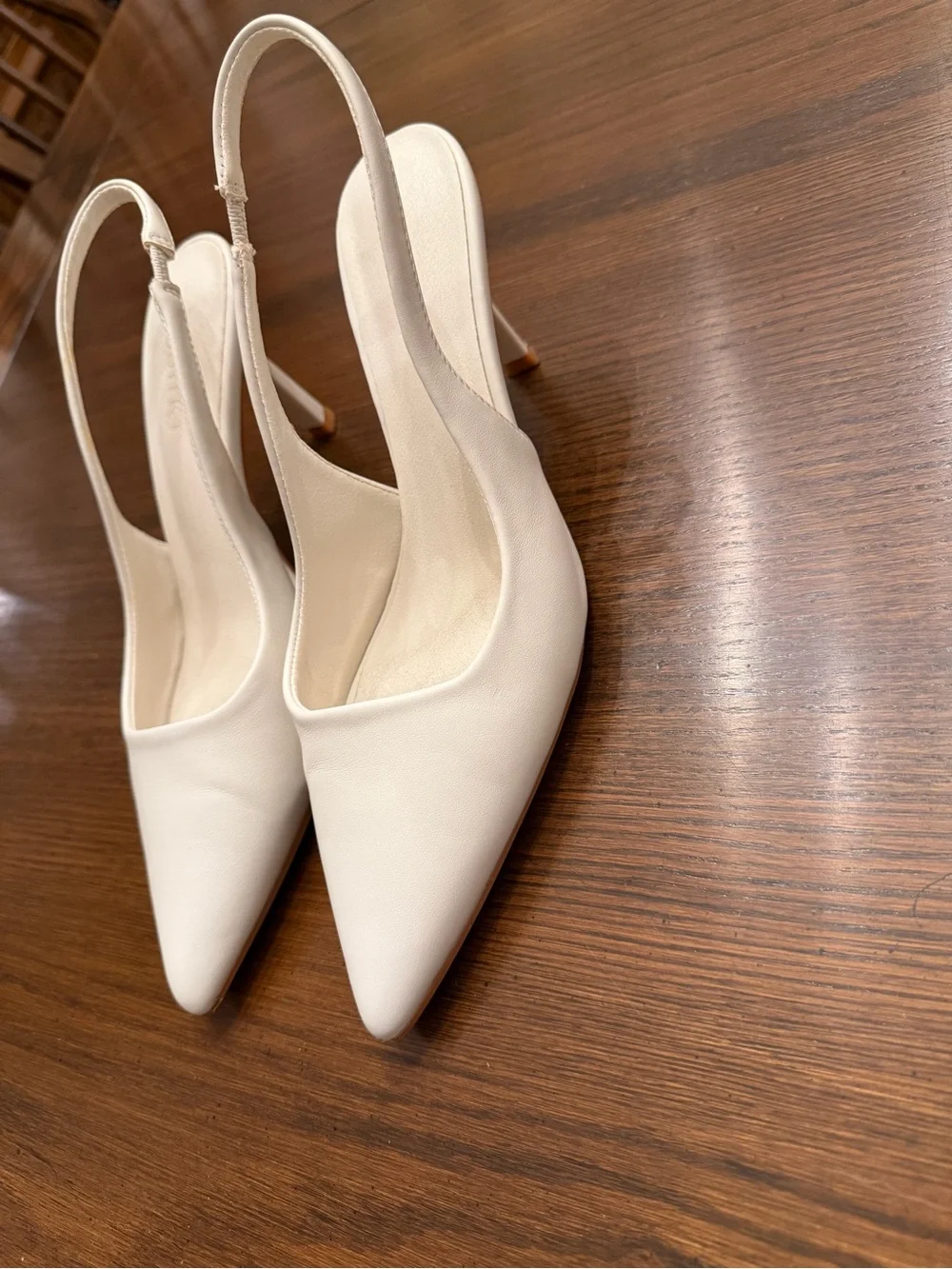 Meshki Cream Slingback Pointed-Toe Mid Heels